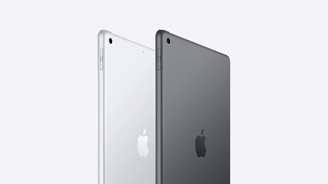 银色和深空灰色 iPad 的背面斜侧视图，展示摄像头和侧边音量按钮。-花瓣网