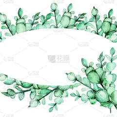 水彩手画桉树树枝与绿色的叶子。椭圆形框架，春天或夏天的鲜花邀请，婚礼或贺卡，与文字空间。