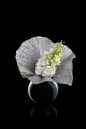 White dendrobium and silver lotus leave on silver laquer vase Armani/Fiori