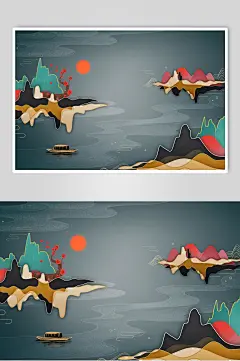 清新黑色渐变高端大气创意中式插画