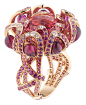 2014-Chaumet Hortensia ring in pink gold, set with rubies, pink sapphires, diamonds, red tourmaline drops and an 8.60ct round faceted pink tourmaline in the centre.