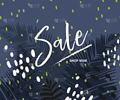 矢量横幅商店网站。夏天出售。热带时尚主题。深蓝色的棕榈叶。商务推广、社交媒体营销、短信、传单、网上购