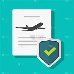 飞行保障保险单或航空公司安全保证协议与盾和飞机平面卡通插图，旅行概念或旅行的飞机事故保险服务