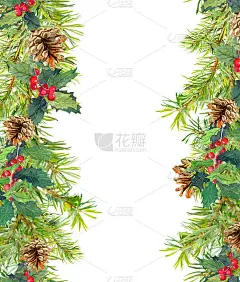 圣诞树的树枝，槲寄生。无缝的框架。水彩