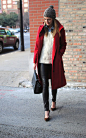 leather pants, chambray w/ sweater, red coat