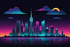 绚丽多彩霓虹城市建筑风景插画