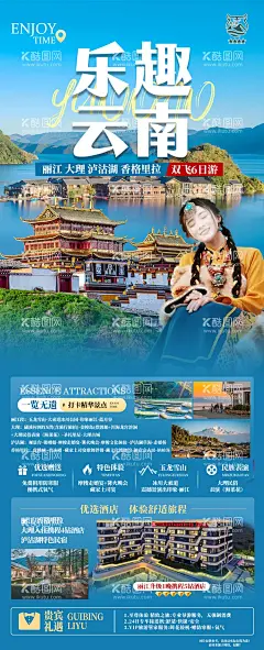云南旅游海报  - 源文件下载【酷图网】海报,旅游,云南,西双版纳,行程,景点,蓝色,长图,