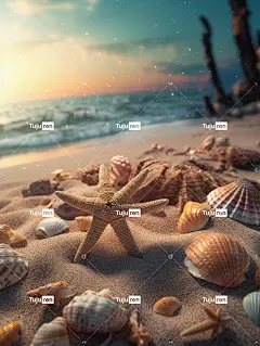 热带海滩度假贝壳和海星壁纸