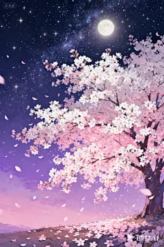 jimeng-2025-09-18-3184-梦幻樱花夜景，唯美插画风格，粉白色樱花在夜风中轻舞，深邃星空中繁星闪烁，温柔月光