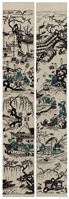 6.清白缎地刺绣上元节挽袖（一对），9.5×52cm。古时正月十五上元节晚上，除了吃元宵、赏花灯、猜灯谜等活动外，还要唱船、赞船、划船，古人们聚在一起手持元宵歌本，提着灯笼唱着歌，也称之为唱元宵歌。此挽袖以白缎为地，采用黑、白、蓝、绿等冷色调为主，绣出江南上元灯节的场景，局部点缀亮红色，使得清雅中更添喜气。
