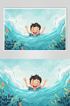 AI数字艺术夏季防溺水插画