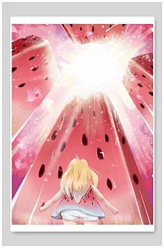 手绘卡通女孩背影清凉夏日夏天插画