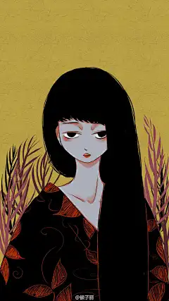 黑长直，齐刘海，和服女，复古系 #插画#