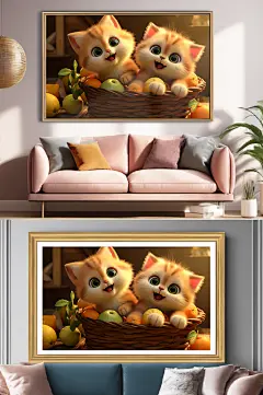暖色调插画可爱猫咪小猫宠物装饰画