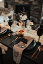 Stunning copper and black wedding table decor. Obsessed with all the moody vibes.