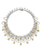 8 KARAT TWO-COLOR GOLD, DIAMOND AND YELLOW DIAMOND NECKLACE. Of openwork design, the collar set throughout with numerous round near colorless diamonds weighing approximately 22.15 carats, the front accented by pear and heart-shaped diamonds of yellow hue 