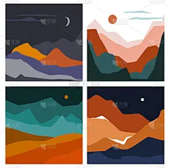 集合抽象波浪形状的山和丘陵景观，矢量插图风景在大地调色板