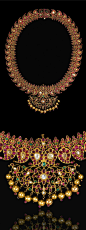 India ~ Tamil Nadu | Diamond, ruby and emerald set gold 'Manga Malai' necklace | 19th century |: 