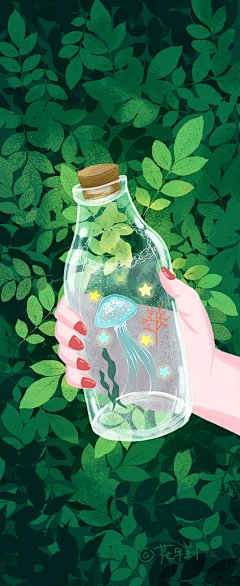 手机壁纸插画 |每日一练 | 夏天的玻璃瓶 | 小水母 | 绿叶 |手绘BY花音橙