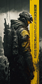 Large border all round. Overlay Japanese type. A poster with a mercenary man, cyberpunk art by Maciej Kuciara, deconstructivism, darksynth, dystopian art, grey, yellow, hyperrealistic, detailed, 8k, octane render