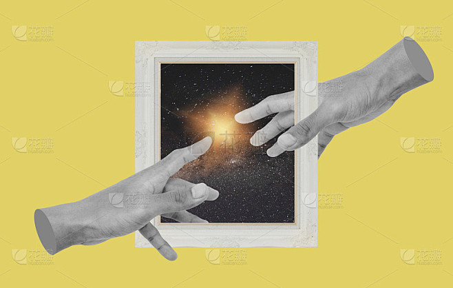 数字拼贴现代艺术。手伸出相框