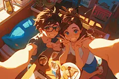 夏日聚会自拍漫画风插画