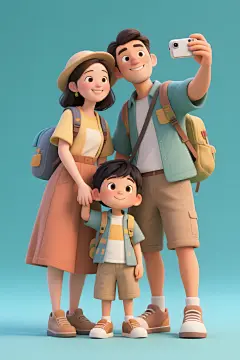 家庭外出游玩人物插画绘画