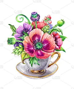 美丽的花卉构图，茶杯，节日贺卡，牡丹花，绿叶，夏日自然，新娘节日花束，水彩插图孤立在白色背景上