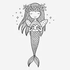 花环美人鱼线性插图矢量图高清素材 唯美 手绘 爱心 环形 线性插画 翅膀 花环 闭眼睛 矢量图 免抠png 设计图片 免费下载