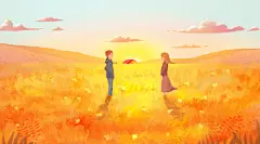 黄色简约高端大气花田里的情侣插画
