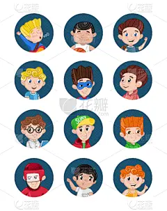 男孩,幸福,图标集,头像,可爱的,人,肖像,图像,青少年,男生