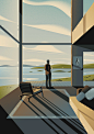 A man stands at the window of his modernist home, looking across the lake. 
