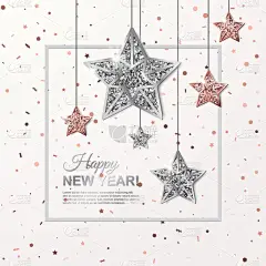 在散落的彩霞背景上挂满了玫瑰、黄金和银星，新年快乐。矢量图解。所有的孤立和分层