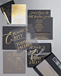 After toying with the "out of left field" idea of leather invitations, the… gold and black wedding invitation suite