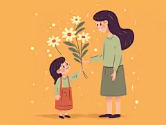 卡通手绘教师节插画学生向老师献花插画海报鲜花感谢师恩教育温馨