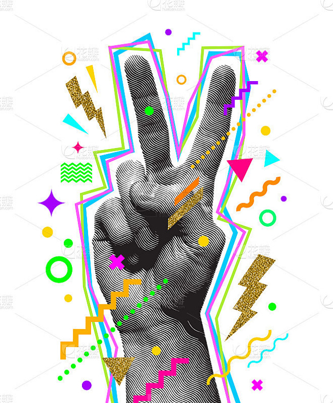 Peace hand sign. Engraved style hand and multicolo
