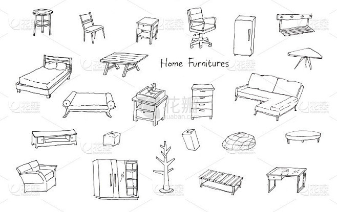 各种现代家居家具手绘插画