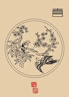 福禄寿喜（蝙蝠、鹿、桃子、喜鹊）线稿纹样