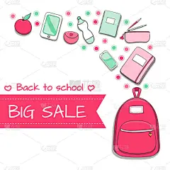 回到学校销售背景与手绘涂鸦学校用品背包, 笔记本, 电子书, 铅笔盒等。横幅或销售海报的矢量插图.