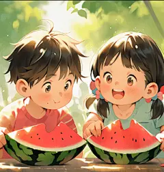 暑假卡通儿童夏天小孩快乐消暑吃西瓜场景日漫插画清凉夏日夏至