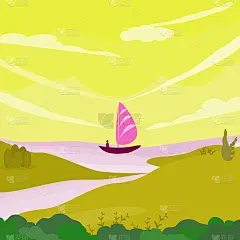 夏季景观以山和海、帆船、抽象背景自然纹理图案、场景壁纸、矢量插画艺术平面设计