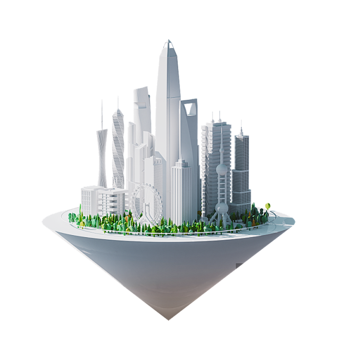 3D漂浮城市建筑元素图片素材