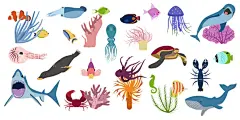 卡通海洋生物  - 源文件下载【酷图网】卡通海洋生物,矢量海洋生物,手绘海洋生物,海洋生物插图,海洋生物插画,海洋生物合集,鲨鱼,卡通鲨鱼,海狮,卡通海狮,鲸鱼,卡通鲸鱼,墨鱼,卡通墨鱼,八爪鱼,卡通八爪鱼,金鱼,卡通金鱼,乌龟,卡通乌龟,螃蟹,卡通螃蟹,海马,卡通海马,小龙虾,卡通小龙虾