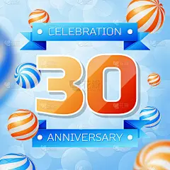 现实的三十年庆典设计横幅。金色数字和蓝丝带，蓝色背景上的气球。彩色矢量模板元素为您的生日派对