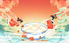正月十五元宵节卡通国潮风格新年汤圆主体原创插画国潮元宵汤圆插画