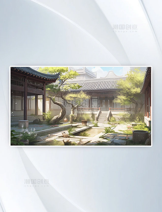 中式场景插画唯美治愈古风翠绿感性中式庭院插画-花瓣网