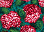 Digital pattern of bold red impressionist hydrangeas in block colours with stems and leaves.