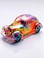 A transparent small car, mechanical, with a hard surface design, neon realism, detailed design, translucent colors, puzzling sculptures, creative design, colored plastic, industrial design, Bauhaus, delicate luster, rich colors, white background, work roo