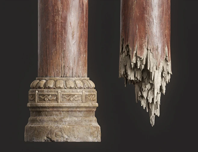 断裂漆木柱子/Broken lacquered wood pillar-花瓣网