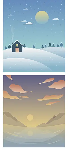扁平冬季冬天雪景下雪山丘湖泊夜晚月亮落日风景插画AI矢量素材-淘宝网